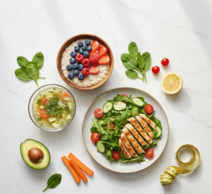 Zdrowe i kolorowe posiłki w ramach diety slim na talerzach, symbolizujące skuteczne odchudzanie.