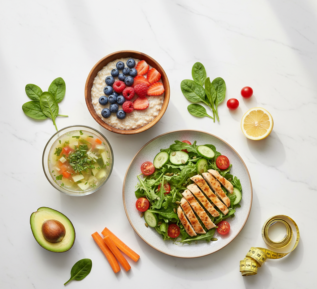 Zdrowe i kolorowe posiłki w ramach diety slim na talerzach, symbolizujące skuteczne odchudzanie.
