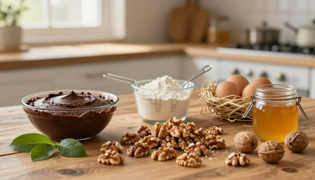 A beautifully arranged and inviting scene showcasing the ingredients for a classic "Squirrel Cake" inspired by Sister Anastasia. In the foreground, display a rustic wooden table topped with various baking ingredients: a bowl of rich chocolate cake batter, a pile of finely chopped walnuts, a jar of golden honey, a scattering of fresh walnuts, and vibrant green leaves for garnish. In the middle, a delicate measuring cup filled with flour, a whisk, and eggs in a nest of straw. The background features a softly blurred kitchen setting with warm ambient light streaming in through a window, creating a cozy and inviting atmosphere. The overall mood is warm and homely, capturing the essence of traditional baking. No text or watermarks present.