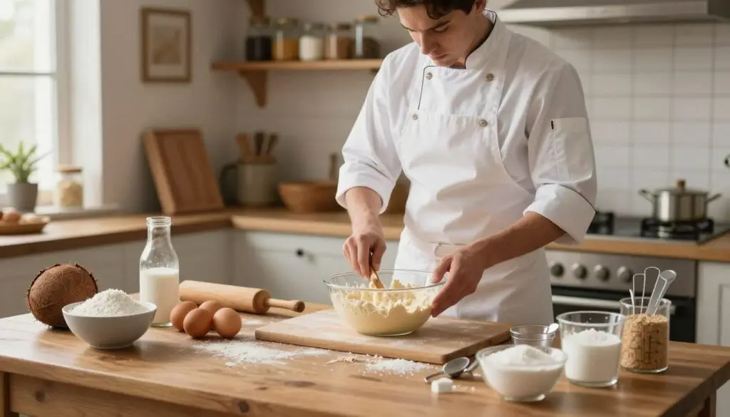 A beautifully arranged baking station filled with ingredients and tools for solving pastry problems. In the foreground, a wooden table showcases various baking items: a bowl of coconut flakes, eggs, flour, sugar, and measuring cups, artfully placed. The middle ground features a professional baker in a white apron, actively mixing batter in a clear bowl, with a look of focus and determination. The background shows an inviting kitchen with warm, soft lighting filtering through a window, illuminating vintage baking books and a wall-mounted shelf filled with jars of ingredients. The atmosphere is cozy yet inspiring, emphasizing both creativity and practicality in baking, perfect for guiding readers through troubleshooting pastry challenges. A beautifully arranged baking station filled with ingredients and tools for solving pastry problems. In the foreground, a wooden table showcases various baking items: a bowl of coconut flakes, eggs, flour, sugar, and measuring cups, artfully placed. The middle ground features a professional baker in a white apron, actively mixing batter in a clear bowl, with a look of focus and determination. The background shows an inviting kitchen with warm, soft lighting filtering through a window, illuminating vintage baking books and a wall-mounted shelf filled with jars of ingredients. The atmosphere is cozy yet inspiring, emphasizing both creativity and practicality in baking, perfect for guiding readers through troubleshooting pastry challenges.