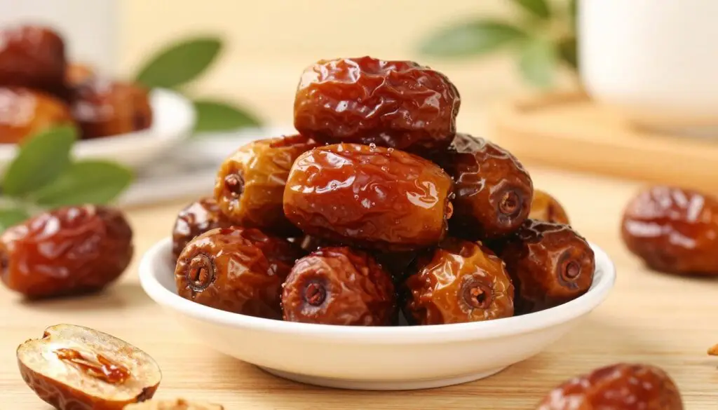 A beautifully arranged bowl of fresh, plump dates, showcasing their rich, glossy texture and deep brown color. In the foreground, a few dates are cut in half to reveal their sticky, caramel-like interior, emphasizing their natural sweetness and rich nutrients. In the middle, a soft focus on a wooden table enhances a warm and inviting atmosphere. Surrounding the bowl, delicate green leaves and a few scattered nuts hint at the nutritional pairing of dates, with an emphasis on their health benefits. The background features a softly blurred kitchen setting with warm lighting to evoke a sense of homeliness and nourishment, creating a wholesome and vibrant mood. The image captures a sense of health and wellness, reflecting the nutritious values of dates.