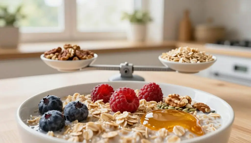 A beautifully arranged bowl of oatmeal sits in the foreground, topped with an array of colorful, healthy toppings such as fresh berries, nuts, honey, and seeds, illustrating various calorie options. In the middle, a measuring scale subtly balances servings of oatmeal, showcasing the concept of calorie control. The background features a softly blurred kitchen scene with natural light streaming in through a window, creating a warm and inviting atmosphere. The composition is shot from a high angle, providing a clear view of both the oatmeal and toppings. The mood is nutritious and wholesome, emphasizing the importance of mindful eating and calorie management in breakfast choices.