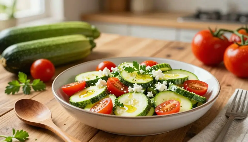 A beautifully arranged bowl of zucchini salad takes center stage, showcasing thinly sliced zucchini, vibrant cherry tomatoes, and fresh herbs. The salad is garnished with a sprinkle of feta cheese and drizzled with olive oil. In the foreground, a wooden serving spoon rests beside the bowl, inviting viewers to partake. The middle ground features a rustic wooden table adorned with fresh ingredients, such as whole zucchinis, tomatoes, and herbs, creating a homely culinary atmosphere. The background is softly blurred, suggesting a cozy kitchen with warm, golden lighting filtering through a nearby window, enhancing the inviting mood. Capture this scene from a slightly elevated angle, focusing on the colors and textures of the ingredients. No text or captions present, emphasizing the delectable nature of the meal.