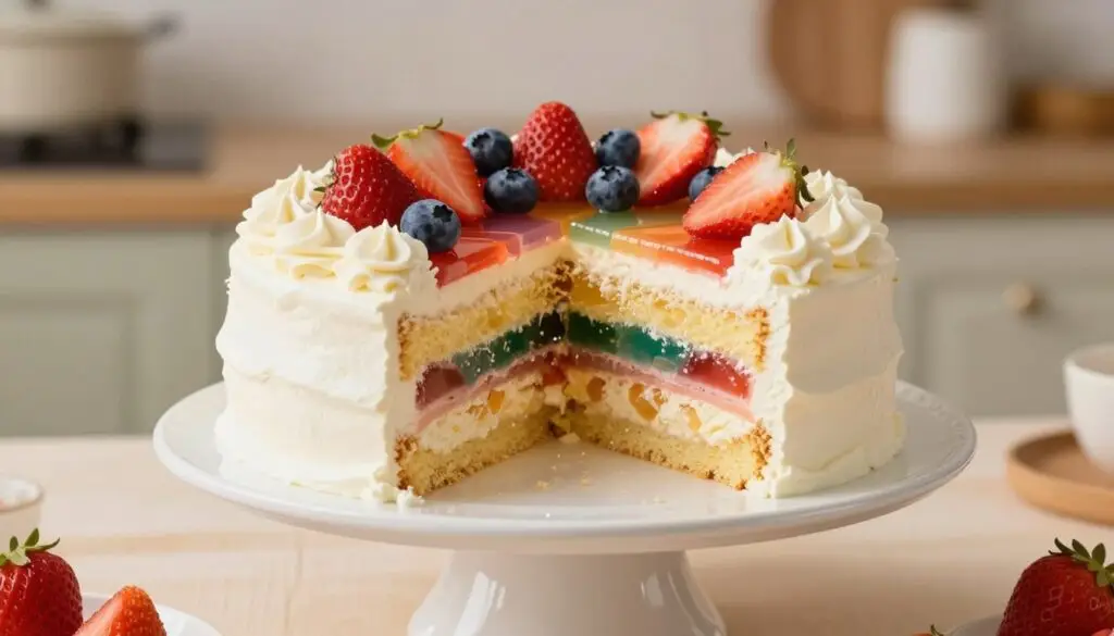 A beautifully arranged cake with layers of fluffy bird's milk cream and colorful jelly, elegantly presented on a white porcelain cake stand. In the foreground, a slice of the cake is cut, revealing the delicate textures of the creamy filling and bright gelatin layers. The middle area features vibrant fruits like strawberries and blueberries artfully scattered around the cake, adding freshness to the scene. The background includes a softly blurred kitchen setting with warm, inviting lighting, creating a cozy atmosphere. A subtle bokeh effect enhances the dreamy quality of the image, while the focus remains sharp on the cake. This arrangement conveys a sense of indulgence and celebration, perfect for a delightful dessert experience. A beautifully arranged cake with layers of fluffy bird's milk cream and colorful jelly, elegantly presented on a white porcelain cake stand. In the foreground, a slice of the cake is cut, revealing the delicate textures of the creamy filling and bright gelatin layers. The middle area features vibrant fruits like strawberries and blueberries artfully scattered around the cake, adding freshness to the scene. The background includes a softly blurred kitchen setting with warm, inviting lighting, creating a cozy atmosphere. A subtle bokeh effect enhances the dreamy quality of the image, while the focus remains sharp on the cake. This arrangement conveys a sense of indulgence and celebration, perfect for a delightful dessert experience.