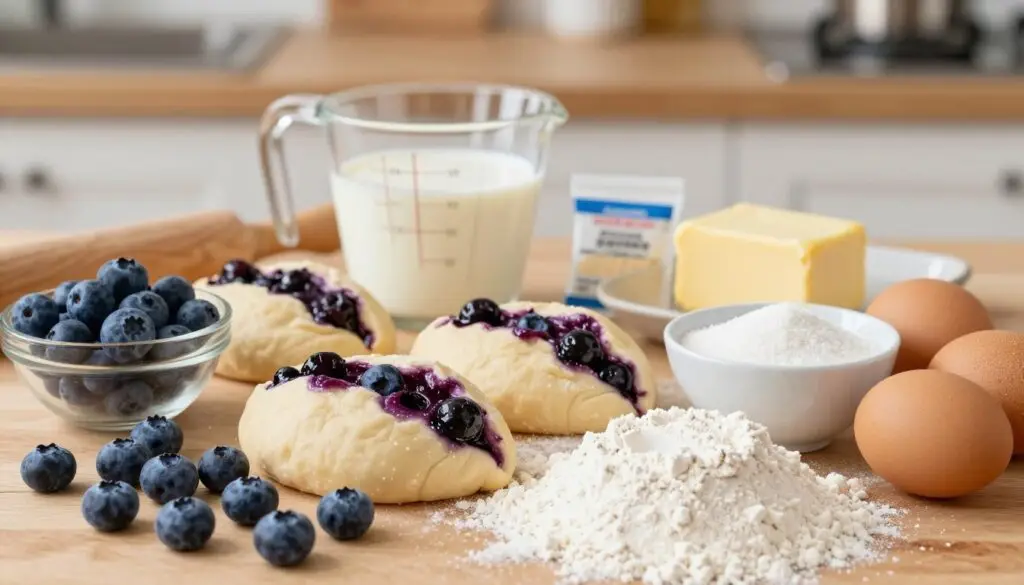 A beautifully arranged collection of ingredients for yeast dough, specifically for making blueberry-filled pastries. In the foreground, showcase an assortment of fresh blueberries, a mound of flour, a small bowl of sugar, a packet of yeast, and a few eggs. The middle ground should include a measuring cup with warm milk and a stick of butter, both ready for mixing. In the background, a softly blurred wooden countertop and kitchen utensils hint at a cozy, homey atmosphere. Warm, natural lighting illuminates the scene, creating a welcoming glow, emphasizing the freshness of the ingredients. The image should evoke the feeling of a delightful baking experience, full of warmth and nostalgia, perfect for a family recipe.