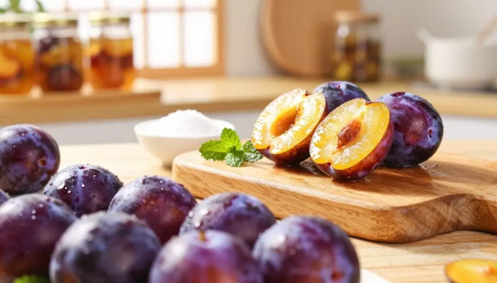 A beautifully arranged display of California plums in the foreground, focusing on their vibrant purple skin glistening with a light sheen of natural juices. In the middle ground, a rustic wooden cutting board holds freshly halved plums, revealing their golden-yellow flesh, alongside a small bowl of sugar and a sprig of mint for garnish. The background showcases a warm, sunlit kitchen atmosphere with shelves lined with jars containing preserved plums, and soft, diffused light streaming through a window. The image captures a cozy, inviting mood, evoking a sense of home and culinary creativity. The composition should emphasize the textures of the fruits and the wooden elements, creating a wholesome and appetizing scene.