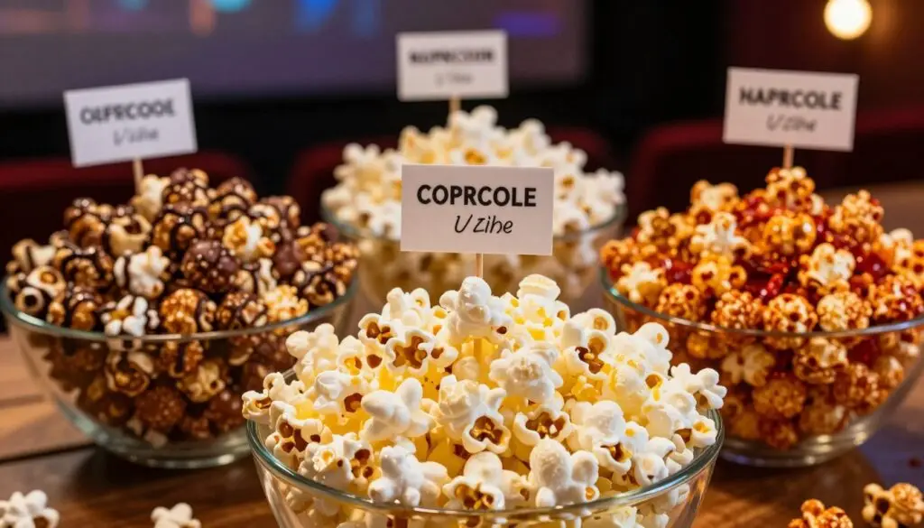 A beautifully arranged display of different types of popcorn, each labeled with their respective nutritional values, set on a wooden table. In the foreground, focus on a large bowl of fluffy buttered popcorn glistening under warm, soft lighting. To the left, display a vibrant bowl of popcorn drizzled with chocolate, while to the right, showcase a spicy flavored popcorn mix with bright red chili flakes visible. In the background, a blurred image of a movie theater ambiance with dim lights enhances the atmosphere. Use a shallow depth of field to emphasize the popcorn varieties, creating a welcoming and informative feel. The overall mood is inviting and appetizing, perfect for a food-related article.