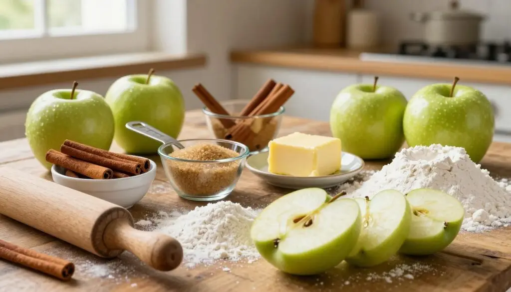 A beautifully arranged display of ingredients essential for making Szarlotka Królewska, featuring fresh, glossy apples, a bowl of fragrant cinnamon, granulated sugar, flour, and butter on a rustic wooden table. In the foreground, vibrant green apples are sliced, showcasing their juicy interior, while an old-fashioned wooden rolling pin lays beside a dusting of flour. The middle section includes elegant measuring cups filled with sugar and cinnamon alongside a pat of butter, all illuminated by warm, soft natural light coming from a nearby window. The background shows a blurred image of a cozy kitchen setting, adding to the inviting atmosphere. The mood is warm and homely, perfect for baking.