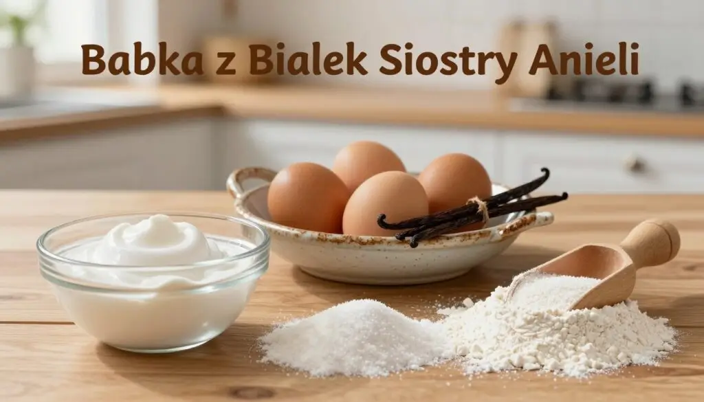 A beautifully arranged display of ingredients for "Babka z Białek Siostry Anieli," showcasing essential components for this delightful dessert. In the foreground, a wooden table features fresh egg whites in a clear bowl, a pile of granulated sugar, and a scoop of flour, all artfully placed. In the middle layer, there's a rustic decorative dish holding a few whole eggs and a sprinkle of vanilla beans, adding texture and warmth. The background is softly blurred, hinting at a cozy kitchen setting with warm light streaming in through a window, creating a welcoming ambiance. The overall mood is inviting and homely, with a focus on the beauty of baking preparation. The image captures the essence of home baking, emphasizing simplicity and freshness.