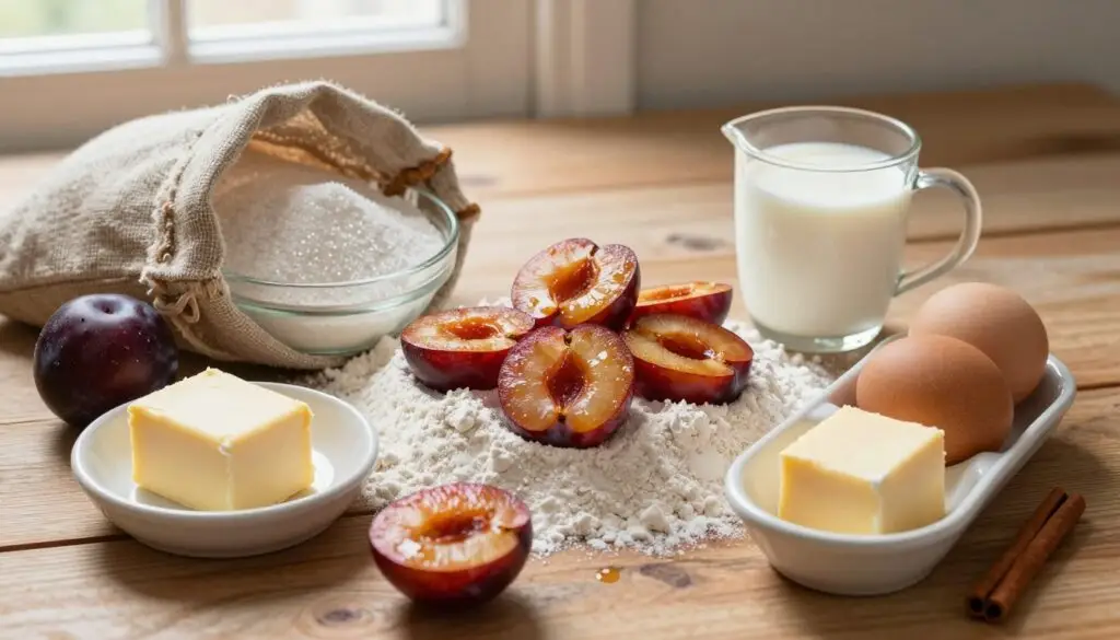 A beautifully arranged display of ingredients for a California plum cake, featuring ripe, juicy California plums halved and pitted, surrounded by flour in a rustic sack, a bowl of sugar glistening in soft light, and eggs sitting in an elegant ceramic dish. Include a small block of butter, a measuring cup of milk, and a sprig of fresh cinnamon for added detail. The background should feature a wooden countertop with a subtle texture, softly lit by warm, natural light coming from a nearby window, creating a cozy and inviting atmosphere. The composition should be top-down, focusing on the ingredients, evoking an atmosphere of home baking. No text or watermarks in the image.