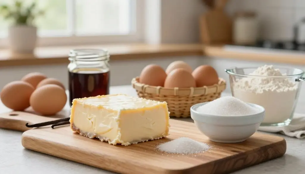 A beautifully arranged display of ingredients for a traditional cooked cheesecake. In the foreground, showcase a wooden cutting board topped with a fresh block of cream cheese, a bowl of granulated sugar, and a jar of vanilla extract. In the middle, include fresh eggs in a basket and a measuring cup with all-purpose flour, hinting at the preparation process. In the background, softly blurred, a cozy kitchen setting with natural light streaming through a window, illuminating the ingredients. The atmosphere is warm and inviting, evoking the feeling of home baking. Opt for a shallow depth of field to create focus on the foreground while maintaining an aesthetically pleasing background.