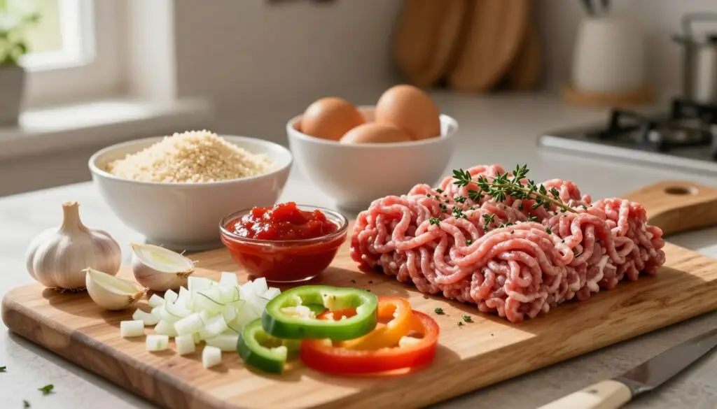 A beautifully arranged display of ingredients for preparing traditional "Pieczeń Rzymska" (Roman Meatloaf). In the foreground, a wooden cutting board with finely chopped onions, garlic, and a mix of colorful bell peppers. Beside it, raw ground meat (pork and beef blend) in a neat pile, sprinkled with herbs such as parsley and thyme. In the middle, bowls containing breadcrumbs, eggs, and a small dish of tomato paste, all set against a rustic kitchen countertop. The background features softly blurred kitchen tools and utensils, creating an inviting, warm atmosphere. Natural light streams in from a nearby window, casting gentle shadows and highlighting the freshness of the ingredients. The overall mood is homely and welcoming, perfect for a cozy cooking experience.