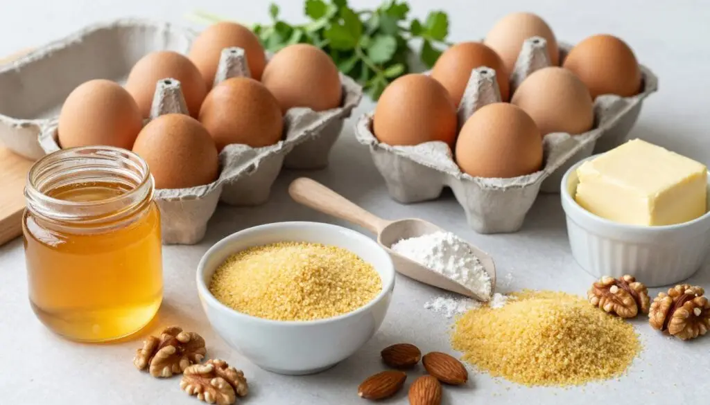 A beautifully arranged flat lay of ingredients for honey cake preparation, featuring a variety of colorful and fresh components. In the foreground, display a jar of golden honey, a bowl of fine semolina, and scattered nuts such as walnuts and almonds. The middle ground includes eggs in a rustic carton, a scoop of baking powder, and a cup of creamy butter. In the background, a wooden cutting board and a bouquet of fresh herbs subtly enhance the atmosphere. Soft, natural lighting illuminates the scene, creating a warm and inviting mood. The angle is slightly tilted to showcase the depth and richness of the ingredients. The overall feel is cozy and homey, perfect for a baking session.