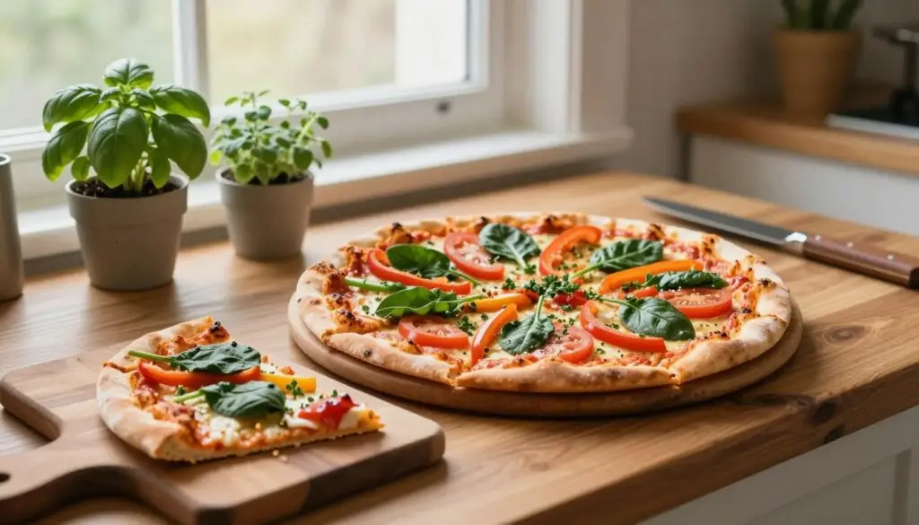 A beautifully arranged, healthy pizza on a wooden table in a cozy kitchen setting. The pizza is topped with fresh vegetables like spinach, tomatoes, and bell peppers, with a sprinkle of herbs, showcasing a balance of colorful ingredients. In the foreground, a rustic cutting board displays a few sliced pieces, capturing their appetizing textures. In the background, soft morning light filters through a window, creating a warm and inviting atmosphere. A couple of small potted herbs, like basil and oregano, are placed near the window, reinforcing the theme of freshness and health. The scene should evoke a sense of balance and moderation, emphasizing the notion that pizza can be a healthy option when made thoughtfully. Use a soft-focus lens to enhance the inviting mood.