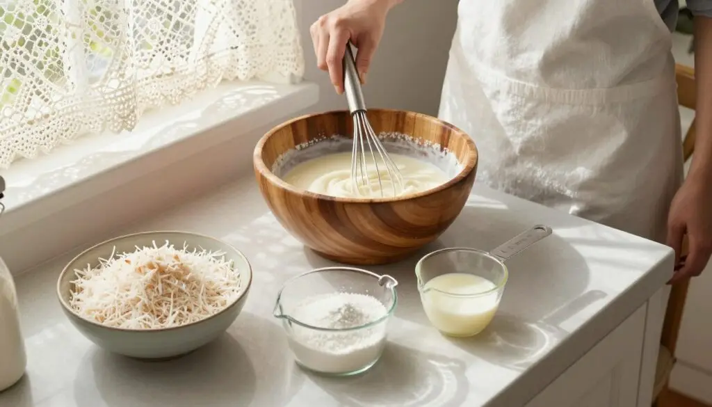 A beautifully arranged kitchen counter showcasing the step-by-step preparation of traditional coconut macaroons, known as "kokosanki." In the foreground, a bowl filled with shredded coconut and a measuring cup displaying sugar, flour, and egg whites, all neatly organized for baking. In the middle, a wooden mixing bowl with a whisk immersed in a creamy mixture, accompanied by an elegant white apron hanging on a nearby chair. The background features soft natural light streaming in through a window adorned with a delicate lace curtain, enhancing the warm, inviting atmosphere. The overall mood is cozy and homely, perfect for a traditional dessert preparation scene, captured from an overhead angle to highlight the ingredients and cooking process. A beautifully arranged kitchen counter showcasing the step-by-step preparation of traditional coconut macaroons, known as "kokosanki." In the foreground, a bowl filled with shredded coconut and a measuring cup displaying sugar, flour, and egg whites, all neatly organized for baking. In the middle, a wooden mixing bowl with a whisk immersed in a creamy mixture, accompanied by an elegant white apron hanging on a nearby chair. The background features soft natural light streaming in through a window adorned with a delicate lace curtain, enhancing the warm, inviting atmosphere. The overall mood is cozy and homely, perfect for a traditional dessert preparation scene, captured from an overhead angle to highlight the ingredients and cooking process.