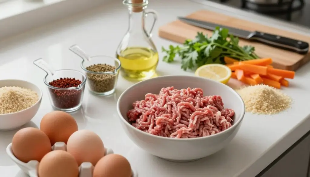 A beautifully arranged kitchen countertop featuring a variety of ingredients and factors influencing the caloric content of a meat patties. In the foreground, showcase raw minced meat in a bowl, surrounded by eggs, breadcrumbs, and chopped vegetables, emphasizing color and texture. In the middle ground, include measuring cups filled with spices and oils, indicating their role in the caloric makeup. The background should softly display a cutting board with a knife and fresh herbs for garnish, hinting at healthy cooking options. Use soft, natural lighting to create a warm and inviting atmosphere, highlighting the freshness of the ingredients. The angle should be slightly overhead to capture the essence of cooking preparation and focus on the subject matter.