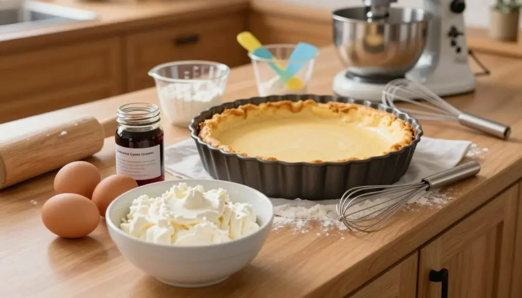 A beautifully arranged kitchen countertop featuring essential ingredients and tools for baking cheesecake. In the foreground, display a bowl of creamy ricotta cheese, fresh eggs, and a jar of vanilla extract, all gleaming under soft, warm light. In the middle, place a graham cracker crust in a springform pan, alongside measuring cups and a whisk, with a flour-dusted surface indicating preparation. The background should have subtle hints of baking equipment, such as a stand mixer and colorful spatulas, set against a cozy kitchen setting with wooden cabinetry. Use natural lighting to create an inviting and warm atmosphere, evoking the sense of homemade comfort and culinary joy. Capture the angle slightly above eye level to encompass the full array of ingredients and tools harmoniously.