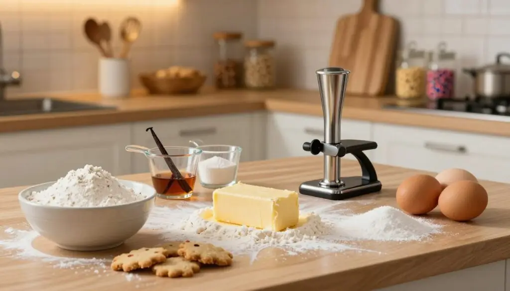 A beautifully arranged kitchen countertop showcasing essential ingredients for making perfect crumbly cookie dough using a cookie press. In the foreground, display a bowl of flour, a stick of butter, sugar, and eggs, artistically scattered with a dusting of flour. In the middle, include measuring cups with vanilla extract and baking powder, alongside a vintage cookie press. The warm, inviting background features a wooden cutting board and softly lit kitchen shelves lined with baking tools and jars of sprinkles. The lighting is warm and natural, creating a cozy atmosphere. Emphasize a sense of homemade charm, inviting viewers to imagine the delightful process of baking. A beautifully arranged kitchen countertop showcasing essential ingredients for making perfect crumbly cookie dough using a cookie press. In the foreground, display a bowl of flour, a stick of butter, sugar, and eggs, artistically scattered with a dusting of flour. In the middle, include measuring cups with vanilla extract and baking powder, alongside a vintage cookie press. The warm, inviting background features a wooden cutting board and softly lit kitchen shelves lined with baking tools and jars of sprinkles. The lighting is warm and natural, creating a cozy atmosphere. Emphasize a sense of homemade charm, inviting viewers to imagine the delightful process of baking.