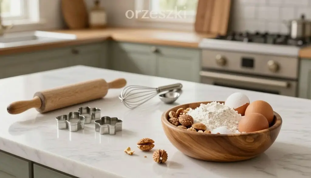 A beautifully arranged kitchen countertop showcasing the ingredients and equipment necessary for preparing "orzeszki." In the foreground, a wooden bowl filled with raw nuts, flour, sugar, and eggs, glistening under soft, warm lighting. Beside it, a vintage rolling pin and a set of cookie cutters shaped like nuts. The middle ground features measuring spoons and a whisk, artfully scattered across a clean, white marble surface. In the background, a charming, rustic kitchen setting with wooden cabinets and a window allowing natural light to flood in, enhancing the cozy atmosphere. The overall mood is inviting and inspirational, perfect for stirring culinary creativity.