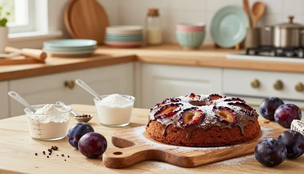 A beautifully arranged kitchen countertop showcasing the secrets of baking a perfect plum cake. In the foreground, a freshly baked chocolate-dipped plum cake sits on an elegant wooden cutting board, surrounded by whole plums and a dusting of powdered sugar. In the middle, there are measuring cups and spoons containing flour, sugar, and spices, adding a sense of preparation. The background features a rustic kitchen with warm, inviting light streaming through a window, illuminating pastel-colored dishware and baking tools. The atmosphere is cozy and inviting, reflecting a homey cooking experience, capturing the essence of traditional baking with a touch of charm and warmth. A beautifully arranged kitchen countertop showcasing the secrets of baking a perfect plum cake. In the foreground, a freshly baked chocolate-dipped plum cake sits on an elegant wooden cutting board, surrounded by whole plums and a dusting of powdered sugar. In the middle, there are measuring cups and spoons containing flour, sugar, and spices, adding a sense of preparation. The background features a rustic kitchen with warm, inviting light streaming through a window, illuminating pastel-colored dishware and baking tools. The atmosphere is cozy and inviting, reflecting a homey cooking experience, capturing the essence of traditional baking with a touch of charm and warmth.