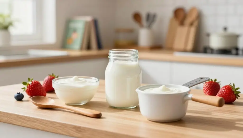 A beautifully arranged kitchen countertop showcasing various home measurement tools filled with natural yogurt. In the foreground, place a wooden tablespoon and a ceramic measuring cup with yogurt, emphasizing different amounts. In the middle, include a glass jar and a small bowl of yogurt, surrounded by fresh fruits like strawberries and blueberries, adding a hint of color. In the background, softly lit kitchen shelves display cookbooks and utensils, creating a warm and inviting atmosphere. The lighting should be bright and natural, simulating morning sunlight. The mood should feel fresh and wholesome, highlighting the nutritious qualities of natural yogurt in a domestic setting, without any text or distractions.