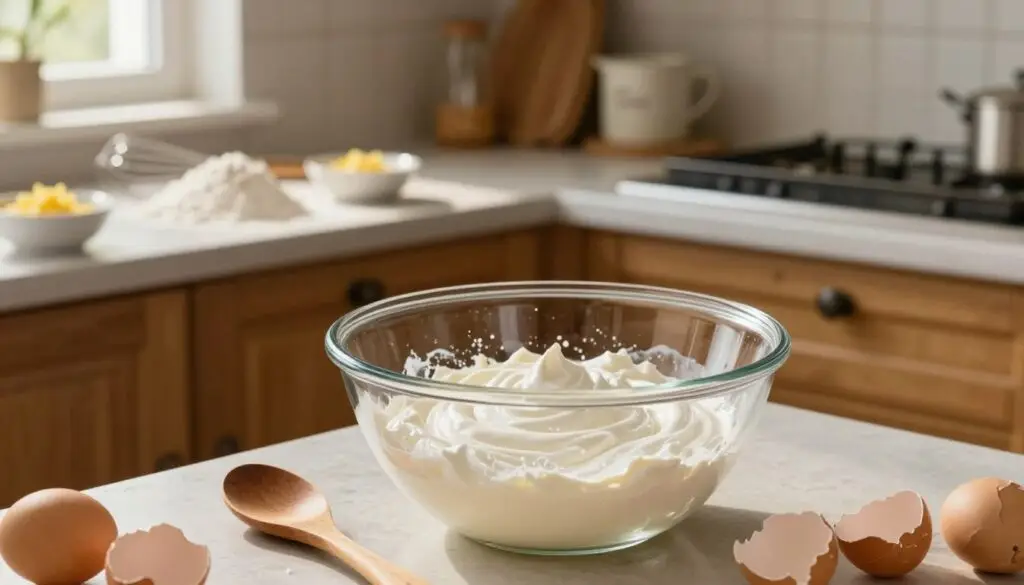 A beautifully arranged kitchen scene capturing the step-by-step preparation of a “Babka z Białek”. In the foreground, a large, clear glass mixing bowl filled with whipped egg whites, glistening against the soft, natural light coming through a window. A wooden spoon rests beside, with a few egg shells artfully scattered nearby. In the middle ground, a countertop adorned with essential ingredients: flour, sugar, and a hint of grated lemon zest in delicate bowls. Vintage kitchen tools like a whisk and measuring cups add charm. The background features warm, rustic cabinetry and baking trays, with a hint of sunlight streaming in, creating a cozy and inviting atmosphere. The overall mood is warm and homely, emphasizing the artistry of baking in progress.