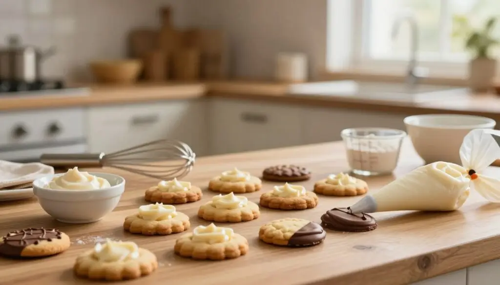 A beautifully arranged kitchen scene featuring an array of freshly baked cookies filled with cream, showcasing the delicate details of their textures and toppings. In the foreground, a wooden table holds an assortment of cookies, some half-dipped in chocolate, along with a small bowl of creamy filling and a piping bag poised for decoration. The middle ground showcases a soft-focus view of baking tools: a whisk, measuring cups, and ingredients like flour and sugar artfully scattered around. In the background, a warm, inviting kitchen ambiance with wooden cabinets and natural light streaming through a window enhances the homely feel. The mood is cozy and inviting, perfect for inspiring culinary creativity. The composition should have a soft, warm lighting effect, creating highlights and gentle shadows, capturing the essence of baking tips and techniques.