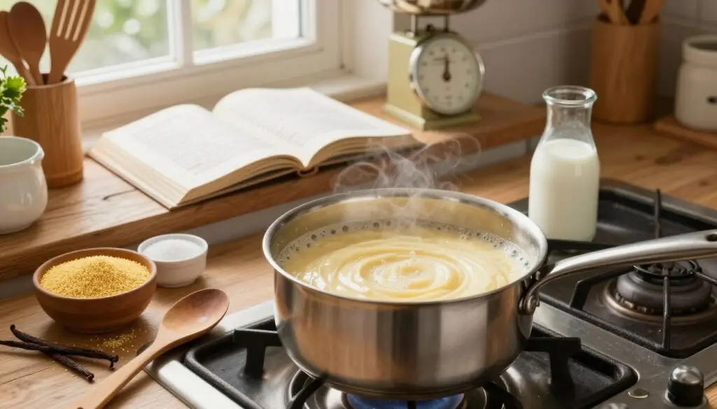A beautifully arranged kitchen scene focused on the preparation of semolina cream. In the foreground, a stainless steel pot with a creamy, smooth mixture bubbling gently on the stove. Beside it, a wooden spoon and an assortment of ingredients: a bowl of fine semolina, sugar, milk, and vanilla beans. In the middle ground, a rustic wooden table features a recipe book opened to a page detailing semolina cream, with a small kitchen scale and measuring cups nearby. The background shows warm, natural lighting filtering through a window, illuminating kitchen utensils and fresh ingredients. The atmosphere is cozy and inviting, with a sense of culinary creativity in the air.