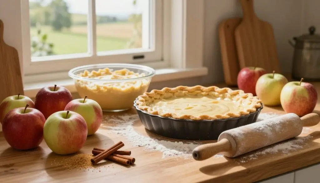 A beautifully arranged kitchen scene showcasing key tips for making a perfect "szarlotka" (apple pie). In the foreground, a wooden countertop displays an assortment of fresh, vibrant ingredients: shiny apples, golden-brown sugar, fragrant cinnamon, and a rolling pin dusted with flour. In the middle ground, a large mixing bowl filled with rich, creamy batter and a perfectly rolled pie crust waits to be filled. Behind, a sun-drenched window opens to a pastoral landscape, casting warm, inviting light across the scene. The atmosphere is cozy and homey, evoking the joy of baking with loved ones. The image captures a sense of warmth and anticipation, emphasizing the essence of crafting a traditional dessert with care and love.