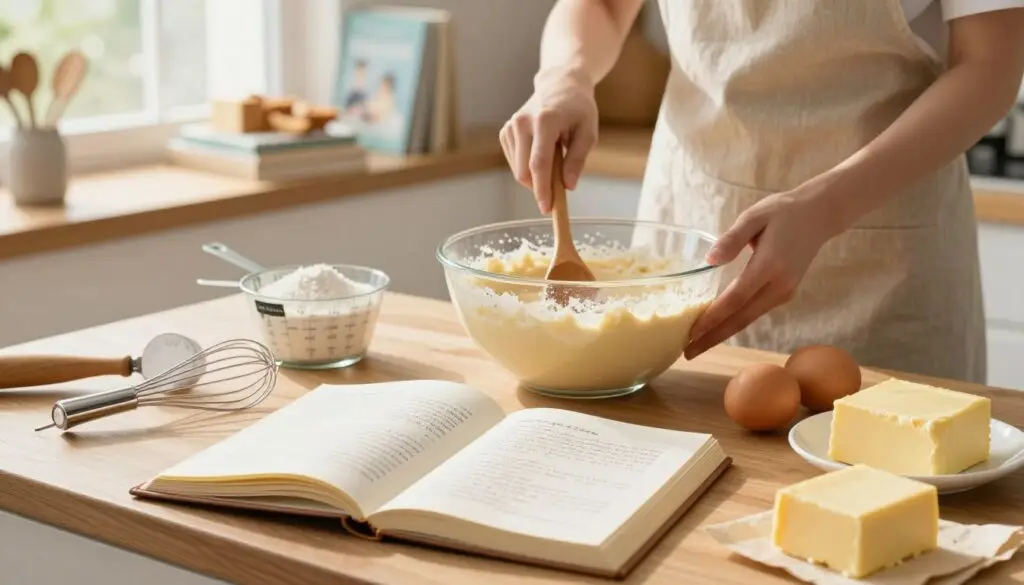 A beautifully arranged kitchen scene showcasing the essential tips for baking the perfect cake. In the foreground, a wooden table holds an open recipe book with elegant handwritten notes beside ingredients like flour, sugar, eggs, and butter. A vintage measuring cup and whisk are artistically placed nearby. In the middle, the focus shifts to a mixing bowl filled with a batter, with a hand gently stirring using a wooden spoon, wearing a modest apron. In the background, soft sunlight streams through a window, illuminating a shelf lined with baking tools and cookbooks, evoking a warm and inviting atmosphere. The overall mood is cheerful and inspiring, ideal for home bakers seeking guidance. The image has a slightly blurred background, emphasizing the detailed foreground elements, creating depth and a cozy ambiance.