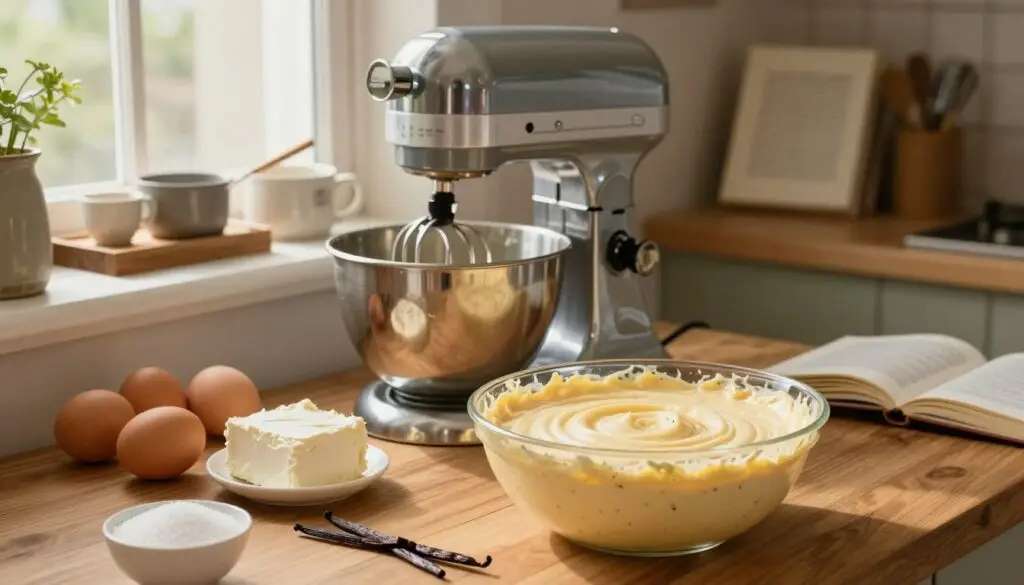 A beautifully arranged kitchen scene showcasing the preparation of the perfect cheesecake filling. In the foreground, a large mixing bowl filled with smooth, creamy cheesecake batter, speckled with vanilla beans, sits on a wooden countertop. Nearby, fresh ingredients like eggs, cream cheese, and sugar are elegantly displayed. The middle ground features a vintage electric mixer, its shiny chrome finish reflecting the warm, soft light filtering through a window. In the background, rustic kitchen shelves hold baking tools, measuring cups, and a cookbook opened to a recipe page. The atmosphere is inviting and warm, hinting at a cozy, homey kitchen where delicious desserts are made with love. The lighting is well-balanced, creating a welcoming ambiance that highlights the textures and colors of the ingredients.
