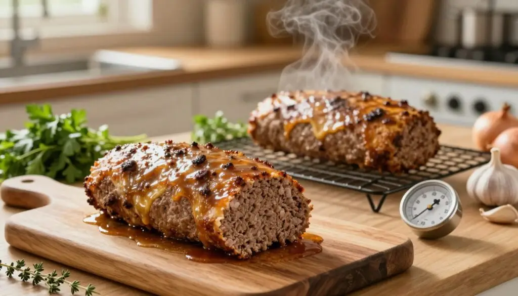 A beautifully arranged kitchen scene showcasing the process of preparing "Pieczeń Rzymska" (Roman-style meatloaf). In the foreground, a freshly baked, golden-brown meatloaf rests on a rustic wooden cutting board, drizzled with a savory glaze. Nearby, a thermometer rests, indicating the optimal temperature for meat. The middle ground features a cooling rack, with steam gently rising from another meatloaf cooling down, surrounded by fresh herbs like parsley and thyme. In the background, a warm and inviting kitchen with soft, diffused lighting highlights various cooking utensils and ingredients like garlic and onions. The atmosphere is cozy and inviting, capturing the essence of home cooking, with a focus on the careful baking and cooling process essential for storing the dish.