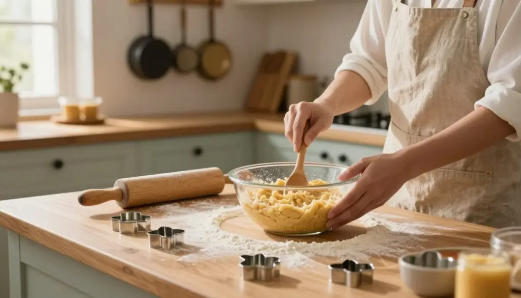 A beautifully arranged kitchen scene showcasing the step-by-step preparation of dough for buttery shortcrust cookies. In the foreground, a wooden countertop dusted with flour features a rolling pin and cookie cutters in various shapes. A bowl filled with a rich, golden dough sits beside it, while a hand in a simple, professional outfit carefully mixes ingredients with a wooden spoon. In the middle ground, pots and pans hang on a rustic wall, adding warmth and homeliness. Soft, natural light pours in through a window, illuminating the scene and creating gentle shadows. The background includes a cozy kitchen setting with pastel-colored cabinets and a wooden table adorned with baking essentials, evoking a cheerful, inviting atmosphere ideal for creating delicious cookies. A beautifully arranged kitchen scene showcasing the step-by-step preparation of dough for buttery shortcrust cookies. In the foreground, a wooden countertop dusted with flour features a rolling pin and cookie cutters in various shapes. A bowl filled with a rich, golden dough sits beside it, while a hand in a simple, professional outfit carefully mixes ingredients with a wooden spoon. In the middle ground, pots and pans hang on a rustic wall, adding warmth and homeliness. Soft, natural light pours in through a window, illuminating the scene and creating gentle shadows. The background includes a cozy kitchen setting with pastel-colored cabinets and a wooden table adorned with baking essentials, evoking a cheerful, inviting atmosphere ideal for creating delicious cookies.