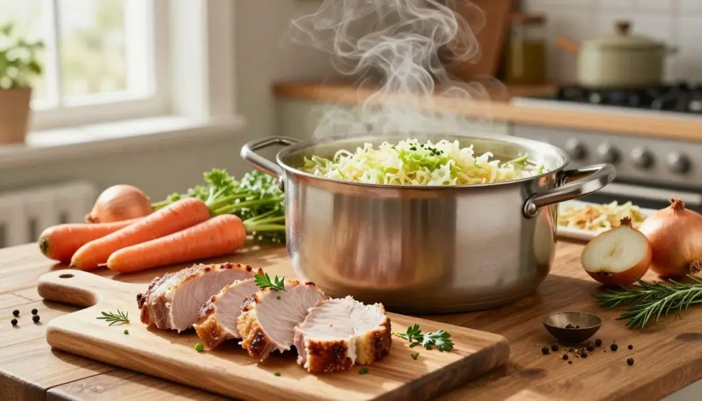 A beautifully arranged kitchen scene showcasing the step-by-step preparation of pork neck with sauerkraut. In the foreground, a wooden cutting board features sliced pieces of tender, golden-brown pork neck, garnished with fresh herbs. A large, steaming pot of bubbling sauerkraut sits in the middle, filled with vibrant green and white cabbage. To the side, colorful vegetables like carrots, onions, and spices are artfully placed, creating a sense of vibrant culinary activity. The background reveals cozy kitchen elements, such as a rustic wooden table and an inviting window with natural light streaming in, illuminating the scene with a warm glow. The atmosphere is inviting and homely, encouraging viewers to immerse themselves in the cooking process.