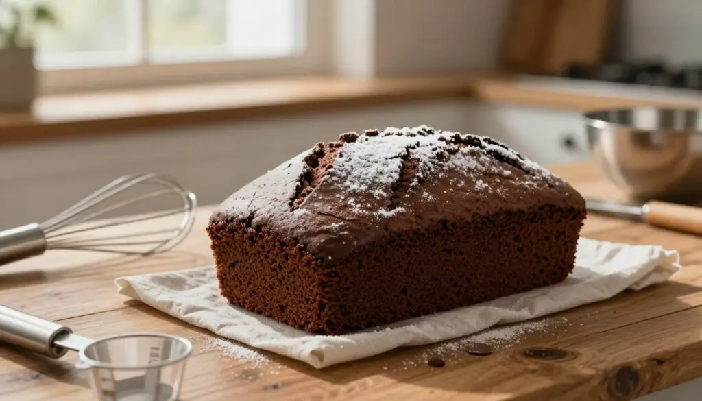 A beautifully arranged kitchen setting featuring a freshly baked chocolate sponge cake, just out of the oven, on a rustic wooden table. The cake is perfectly risen, showcasing a rich, dark cocoa color with a light dusting of powdered sugar on top. In the foreground, there are baking tools like a whisk, measuring cups, and a mixing bowl, subtly placed. In the background, a window lets in warm, natural light, creating a cozy atmosphere. Delicate shadows highlight the texture of the cake and the wooden surface. The overall mood is warm and inviting, emphasizing the joy of baking. The scene is focused with a shallow depth of field, drawing attention to the cake while keeping the kitchen softly blurred.