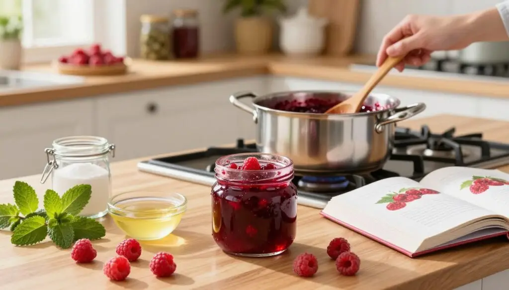 A beautifully arranged kitchen setting highlighting the step-by-step process of making raspberry jam. In the foreground, a wooden table displays fresh, vibrant raspberries, a jar of sugar, and a small bowl of lemon juice, all surrounded by lush green mint leaves. In the middle ground, there are pots and utensils, including a stainless steel pot on a stove with bubbling jam, and a wooden spoon stirring the mixture; a cookbook opened to a page with a raspberry recipe rests nearby. The background features softly focused kitchen shelves filled with various jars and kitchenware, with warm, natural lighting streaming in from a nearby window, creating a cozy, inviting atmosphere perfect for home cooking. The mood is cheerful and homely, perfect for making delicious raspberry jam.