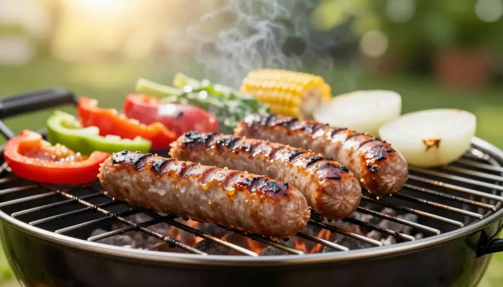 A beautifully arranged outdoor barbecue scene, focusing on a grilled sausage sizzling on a charcoal grill. In the foreground, the sausage is perfectly browned with grill marks, and juices glistening, conveying a mouth-watering appeal. In the middle ground, a colorful spread of fresh vegetables like bell peppers, corn, and onions is visible, hinting at a healthy accompaniment. The background depicts a lush green garden with soft, diffused sunlight filtering through trees, creating a warm and inviting atmosphere. The overall mood conveys a cheerful, healthy lifestyle. Capture the scene with a shallow depth of field, using a soft focus on the background to emphasize the delicious grilled sausage in the foreground, evoking a sense of culinary delight and health-conscious eating.