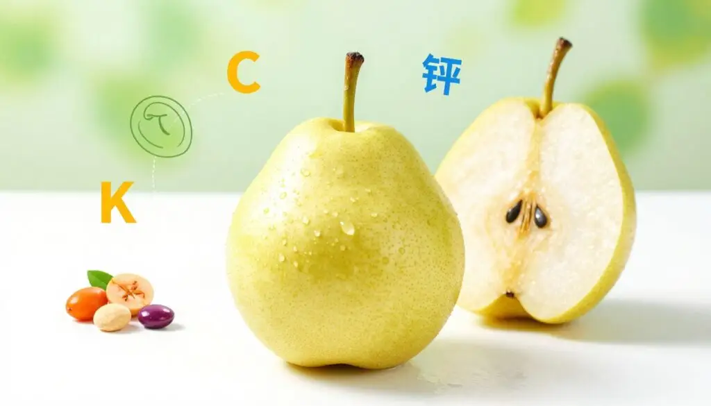 A beautifully arranged pear sits prominently in the foreground, showcasing its smooth yellow-green skin glistening in soft natural light. Surrounding the pear are various nutrients represented visually: delicate illustrations of vitamins like C, K, and B-complex cluster near it, alongside vibrant mineral icons such as potassium, magnesium, and calcium. The middle ground features a sliced pear revealing its juicy, textured flesh, with translucent drops of water to emphasize freshness. In the background, an out-of-focus soft gradient of green and white enhances the natural feel. The overall atmosphere is healthy and inviting, designed to convey the nutritional values of pears in 100 grams, evoking feelings of vitality and wellness. The image is well-lit, showcasing details and textures, with a subtle depth of field to draw focus on the pear and nutrients. A beautifully arranged pear sits prominently in the foreground, showcasing its smooth yellow-green skin glistening in soft natural light. Surrounding the pear are various nutrients represented visually: delicate illustrations of vitamins like C, K, and B-complex cluster near it, alongside vibrant mineral icons such as potassium, magnesium, and calcium. The middle ground features a sliced pear revealing its juicy, textured flesh, with translucent drops of water to emphasize freshness. In the background, an out-of-focus soft gradient of green and white enhances the natural feel. The overall atmosphere is healthy and inviting, designed to convey the nutritional values of pears in 100 grams, evoking feelings of vitality and wellness. The image is well-lit, showcasing details and textures, with a subtle depth of field to draw focus on the pear and nutrients.