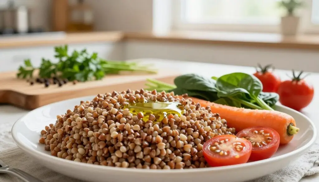 A beautifully arranged plate of cooked buckwheat, showcasing its unique texture and rich, earthy color. In the foreground, the buckwheat grains glisten with a light drizzle of olive oil, surrounded by a selection of colorful vegetables such as bright orange carrots, deep green spinach, and cherry tomatoes. In the middle ground, a wooden cutting board features a variety of herbs and spices like fresh parsley and black pepper, highlighting the nutritional benefits of buckwheat. The background features a softly blurred kitchen setting with warm, natural lighting streaming in from a nearby window, creating a cozy, inviting atmosphere. The overall mood is wholesome and health-focused, evoking the natural goodness of nutritious food.