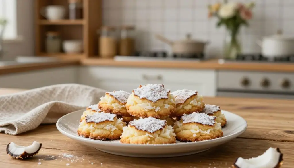 A beautifully arranged plate of gluten-free coconut cookies, known as "kokosanki," sits in the foreground, showcasing their golden-brown edges and fluffy white coconut texture. Each cookie is adorned with a light dusting of powdered sugar, enhancing their homemade appeal. In the middle, a rustic wooden table offers a warm, natural feel, with a soft linen napkin beside the plate. The background features a cozy kitchen setting, with softly blurred elements like a wooden shelf lined with jars and a vase of fresh flowers, creating an inviting atmosphere. Gentle, warm lighting bathes the scene, reflecting a sense of comfort and homeliness, reminiscent of family traditions and wholesome ingredients. The focus is sharp on the cookies, inviting viewers to appreciate their texture and deliciousness. A beautifully arranged plate of gluten-free coconut cookies, known as "kokosanki," sits in the foreground, showcasing their golden-brown edges and fluffy white coconut texture. Each cookie is adorned with a light dusting of powdered sugar, enhancing their homemade appeal. In the middle, a rustic wooden table offers a warm, natural feel, with a soft linen napkin beside the plate. The background features a cozy kitchen setting, with softly blurred elements like a wooden shelf lined with jars and a vase of fresh flowers, creating an inviting atmosphere. Gentle, warm lighting bathes the scene, reflecting a sense of comfort and homeliness, reminiscent of family traditions and wholesome ingredients. The focus is sharp on the cookies, inviting viewers to appreciate their texture and deliciousness.
