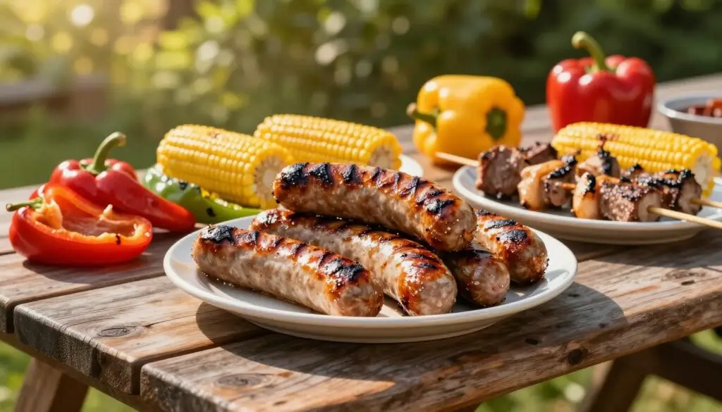 A beautifully arranged plate of grilled sausage takes center stage, showcasing its glistening, smoky surface and rich, golden-brown color. Surrounding the sausage are a variety of other colorful grilled delights, including vibrant bell peppers, juicy corn on the cob, and hearty steak kebabs. The scene is set against a rustic wooden picnic table, accented by the warm glow of late afternoon sunlight filtering through lush green trees in the background. The lighting enhances the textures of the food, casting soft shadows that create depth. The atmosphere is inviting and cheerful, perfect for a summer barbecue gathering. The camera angle is slightly elevated to capture the diversity of flavors and the artistic presentation of the grilled feast.