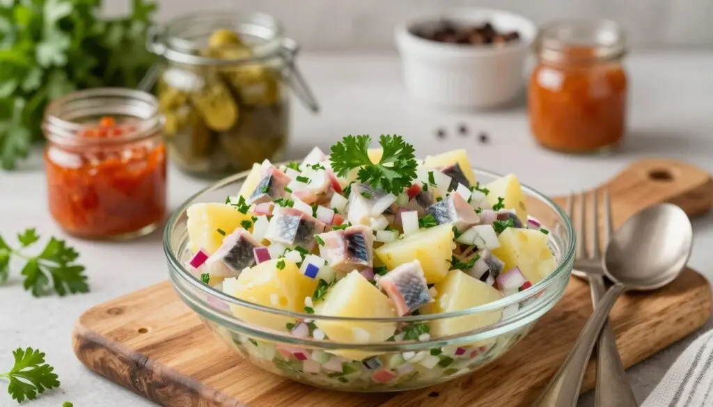 A beautifully arranged plate of herring salad with potatoes, featuring vibrant colors and textures that highlight the fresh ingredients. In the foreground, a glass bowl filled with the salad showcases diced herring, colorful diced onions, and creamy potatoes, garnished with finely chopped parsley. Surrounding the bowl are utensils, including a fork and serving spoon, and a rustic wooden board serving as the base. The middle ground includes small jars of pickled vegetables and sauces that could complement the dish, enhancing the experience. In the background, softly lit kitchen elements like herbs and spices create a warm, inviting atmosphere. The lighting is soft and natural, emphasizing the freshness of the ingredients, with a shallow depth of field focusing on the salad. The mood is cozy and homely, perfect for a family gathering.