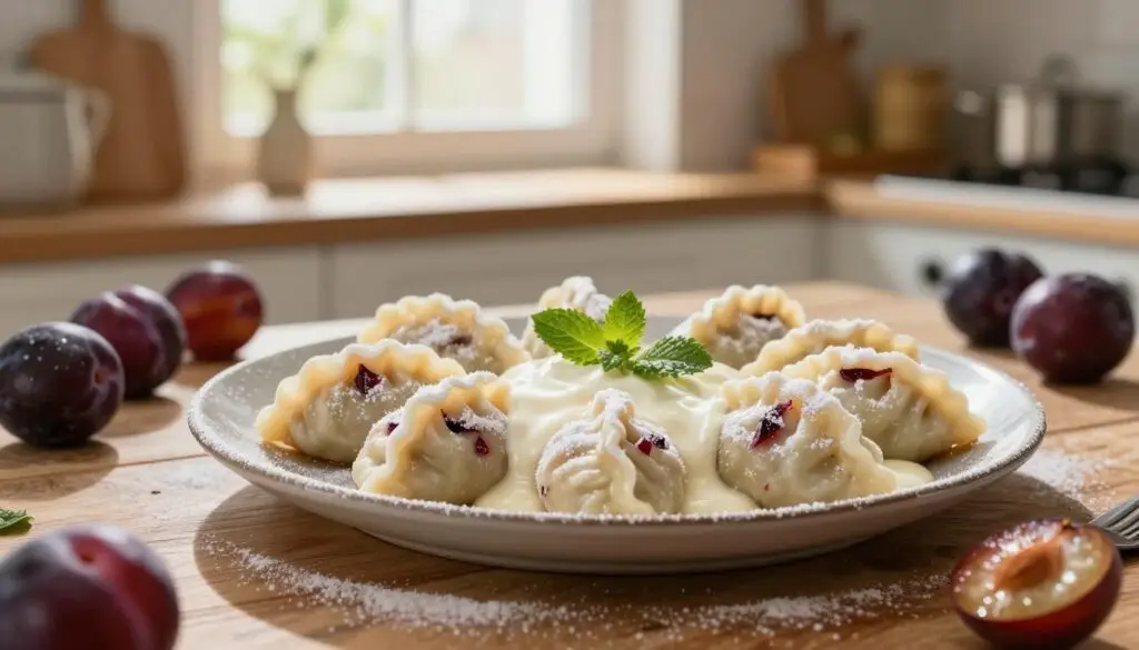 A beautifully arranged plate of knedle ze śliwkami, showcasing these traditional plum dumplings garnished with a dusting of powdered sugar. In the foreground, the knedle are presented on a rustic wooden table, drizzled with a rich, creamy vanilla sauce and accompanied by fresh, ripe plums and a sprinkle of mint leaves for color. In the middle, a soft focus reveals a cozy kitchen setting with sunlight streaming through a window, casting a warm glow across the scene. The background features a blurred glimpse of kitchen utensils and ingredients, enhancing the homemade feel. The lighting is soft and inviting, creating a comforting and delicious atmosphere that highlights the flavors and textures of this beloved dish.