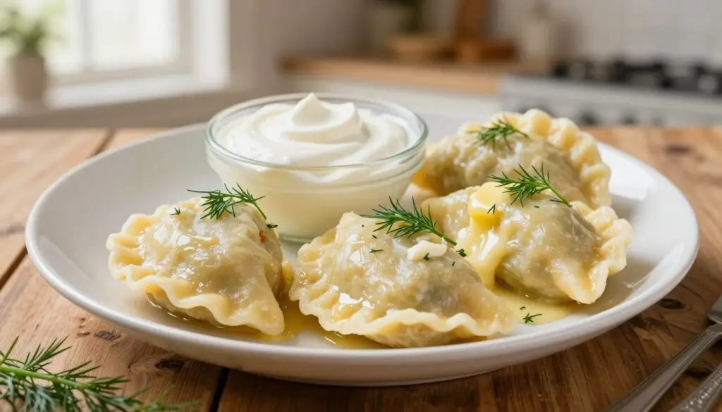 A beautifully arranged plate of pierogi ruskie filled with creamy potato filling, set on a rustic wooden table. In the foreground, focus on three golden-brown pierogi, their edges delicately crimped, glistening with a light sheen of melted butter and garnished with sprigs of fresh dill. In the middle, a small bowl of sour cream complements the dish, adding a touch of white contrast. The background softly blurs to reveal a cozy kitchen setting, with warm, ambient light filtering through a window, creating a welcoming atmosphere. Capture the scene from a slightly elevated angle to emphasize the texture and colors of the pierogi, evoking a sense of homely comfort and culinary delight.