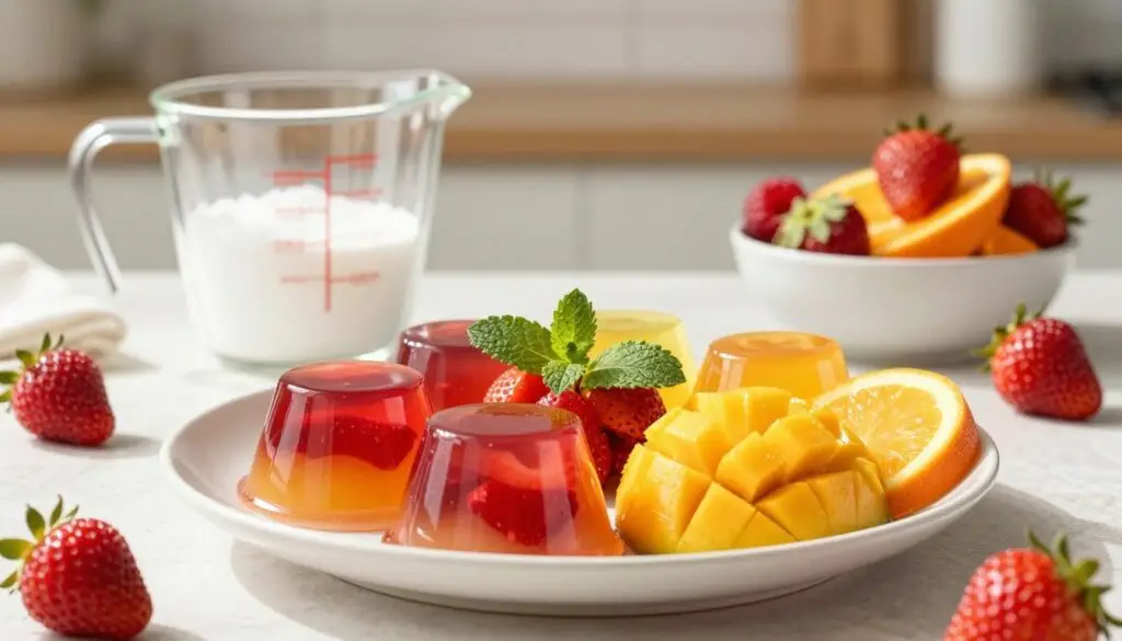 A beautifully arranged plate of vibrant, colorful gelatin dessert (galaretka) sits in the foreground, showcasing various layers of fruity flavors like strawberry, raspberry, and mango. The gelatin is garnished with fresh mint leaves and slices of oranges and strawberries for an inviting look. In the middle ground, a measuring cup filled with low-calorie sweetener and a small bowl of fresh fruits indicate a health-conscious preparation method. Soft, natural lighting illuminates the scene, casting gentle shadows and highlighting the glossy texture of the gelatin. In the background, a blurred kitchen setting with utensils and recipe books suggests a cozy cooking atmosphere. The overall mood is cheerful and motivating, emphasizing a light and healthy approach to dieting.