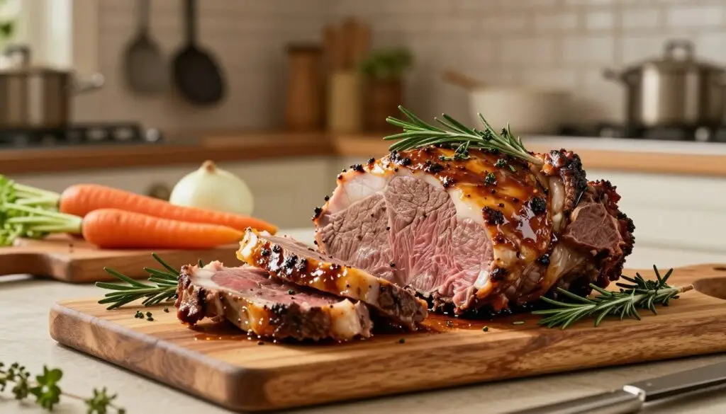 A beautifully arranged platter showcasing high-quality meat for a "Pieczeń Rzymska" roast, set in an inviting kitchen environment. In the foreground, the succulent cuts of beef and pork are artistically displayed, glistening with a rich marinade. Fresh herbs like rosemary and thyme are sprinkled around the meat, enhancing its appeal. In the middle ground, a rustic wooden cutting board holds the meat alongside colorful vegetables such as carrots and onions, adding vibrancy. The background features a warm, softly lit kitchen with vintage cooking utensils hanging, creating a homely atmosphere. The light casts gentle shadows, emphasizing the tenderness and juiciness of the meat. The overall mood is inviting and soothing, perfect for illustrating the importance of quality in cooking.