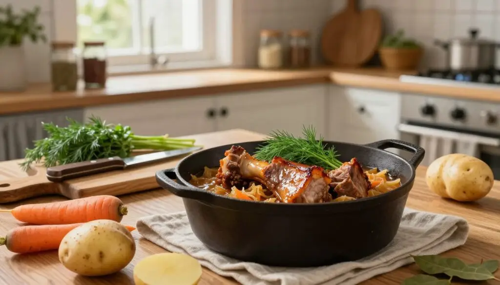 A beautifully arranged rustic kitchen table featuring a mouthwatering pork neck dish simmering in sauerkraut, with herbs like dill and bay leaves artfully layered atop. In the foreground, a shiny cast iron pot with golden-brown, tender pork glistening under warm, soft lighting. Surrounding the pot, fresh ingredients like potatoes and carrots are artistically scattered. In the middle, a wooden cutting board with a knife and fresh herbs enhances the scene. The background shows a cozy kitchen ambiance, with light streaming through a window, illuminating jars of spices and homey decor. The overall atmosphere is inviting and warm, evoking the comforting essence of home-cooked meals, perfect for enhancing flavors.