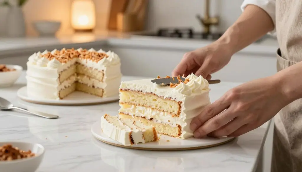 A beautifully arranged scene of layering a Rafaello cake on a clean, white marble countertop. In the foreground, a pair of hands in modest, casual attire gently place layers of fluffy sponge cake and rich coconut cream, using a spatula with precision. The middle ground features a partially assembled cake, showcasing distinct layers of cream and coconut, with a sprinkle of toasted coconut on top. In the background, there’s a well-lit kitchen with soft, warm lighting reflecting off utensils and a bowl of ingredients, creating a cozy, inviting atmosphere. The composition captures the meticulous process of assembling a Rafaello cake, evoking a sense of culinary artistry and passion for baking.