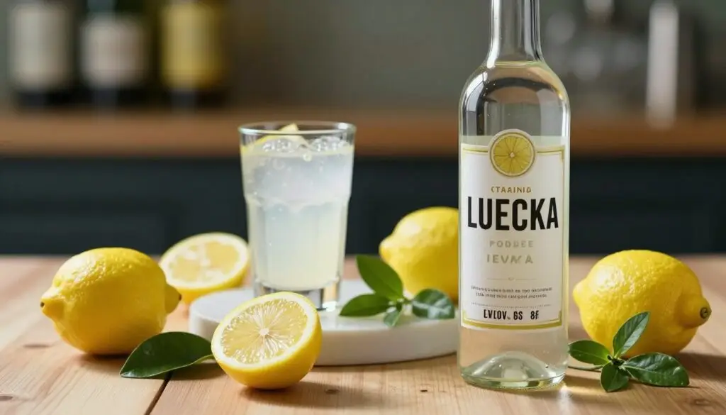A beautifully arranged still life featuring a bottle of lemon vodka, elegantly placed on a wooden surface. In the foreground, there are fresh lemons and herbs to symbolize the natural ingredients influencing calorie content. The middle layer showcases a glass filled with lemon vodka, glistening in the soft light. The background includes blurred bar elements, hinting at a classy setting, with subtle hues of yellow and green to evoke freshness. Soft, warm lighting casts gentle shadows, enhancing the inviting atmosphere. The composition should draw the viewer’s eye towards the bottles and ingredients, creating a sense of curiosity about the factors affecting the caloric value of the lemon vodka.
