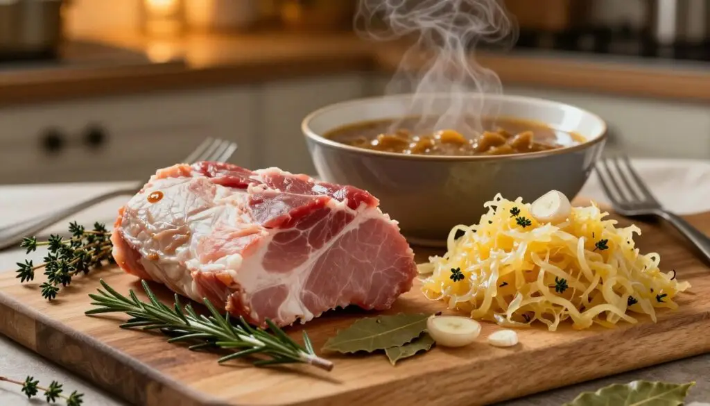 A beautifully arranged still life featuring the ingredients for "karkówka w kapuście kiszonej." In the foreground, a succulent piece of marinated pork neck (karkówka) is placed on a rustic wooden cutting board, surrounded by sprigs of fresh herbs, like thyme and rosemary. Beside it, a mound of tangy fermented sauerkraut (kapusta kiszona) adds a vibrant, pale yellow hue, garnished with sliced garlic and bay leaves. In the middle ground, a bowl of rich, homemade gravy is shown, steaming gently, while a fork and knife rest nearby. In the background, a dimly lit kitchen setting with soft yellow lighting casts a warm, inviting glow, enhancing the cozy atmosphere of a home-cooked meal. The composition is shot from a slightly elevated angle, focusing on the textures and colors of the ingredients, evoking warmth and comfort.